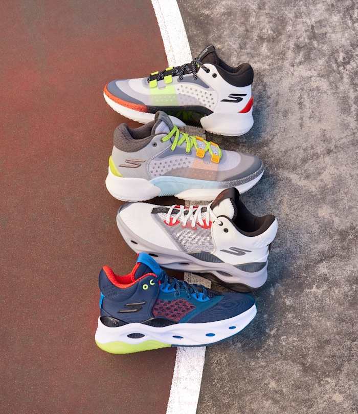 Side view of four multicolor Skechers basketball sneakers.